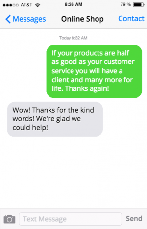 online shop customer raving about service using message mate