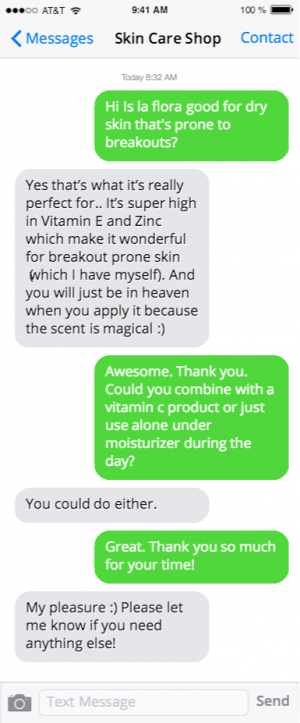 skin care shop uses Message Mate to help customers make buying decisions