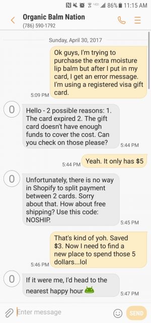 This customer reached out via text and the sale was saved! It was a problem with Shopify and visa cards.