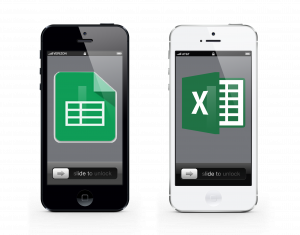 two phone, Excel & Google Spreadsheets icons to symbolize texting from spreadsheets 